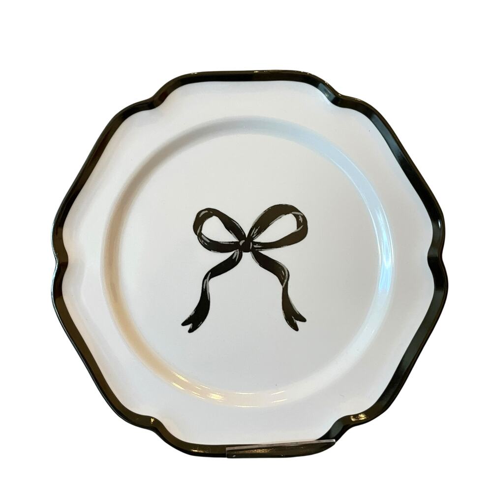 Shabby Chic Black Bow Melamine Salad Plates 8.5in Set of 4 White New